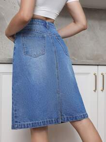 SHEIN Privé 高腰後背開叉牛仔半身裙 - 中等水洗藍 - 查看 2