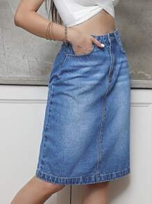 SHEIN Privé 高腰後背開叉牛仔半身裙 - 中等水洗藍 - 查看 4