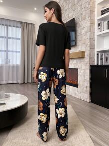Floral Print Tee & Trousers PJ Set - Multicolor - View 2