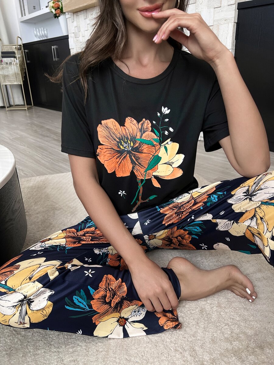 Floral Print Tee & Trousers PJ Set - Multicolor - View 1
