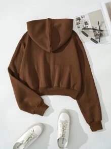 SHEIN EZwear 素色拉鏈開襟落肩袖短款連帽衫 - 咖啡棕 - 查看 2