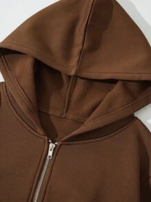 SHEIN EZwear 素色拉鏈開襟落肩袖短款連帽衫 - 咖啡棕 - 查看 3