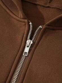 SHEIN EZwear 素色拉鏈開襟落肩袖短款連帽衫 - 咖啡棕 - 查看 4
