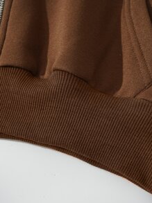 SHEIN EZwear 素色拉鏈開襟落肩袖短款連帽衫 - 咖啡棕 - 查看 6