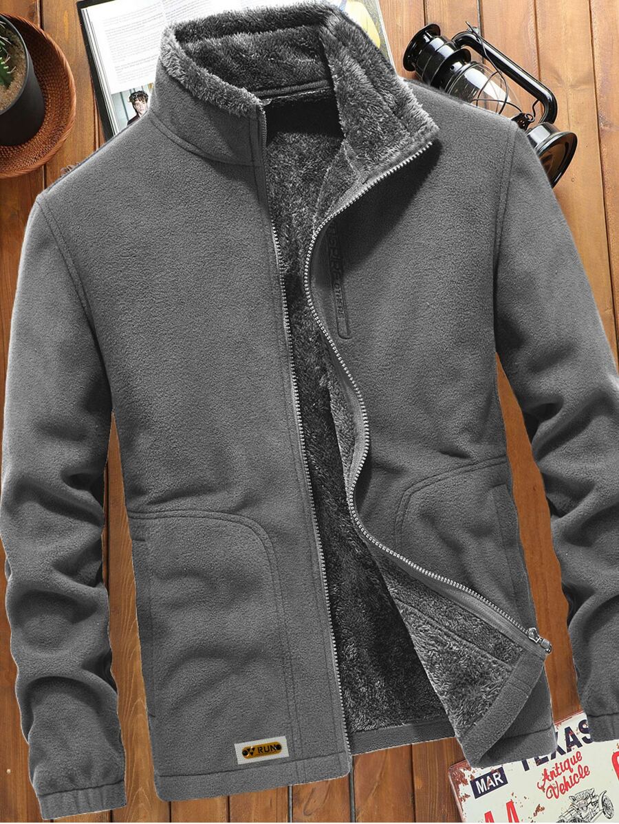 Manfinity Homme Men Patched Detail Teddy Lined Fleece Jacket, Men's Jackets Casual, Grey Jacket, Men Winter, Men Jackets And Coats , Fall