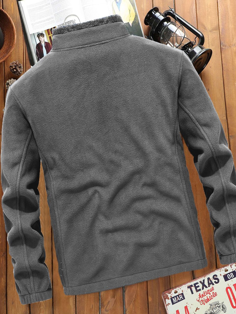 Men Patched Detail Teddy Lined Fleece Jacket, Men's Long Sleeve Jacket Casual, Grey Jacket, Men Winter, Fall