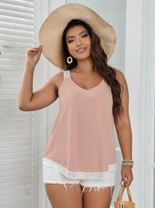 Calvaya 大碼鏤空蕾絲花邊背心上衣 - 粉色 - 查看 4