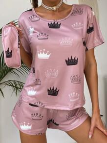 Conjunto de pijama con camiseta y pantalones cortos con estampado gráfico - Rosa vieja - Ver 1