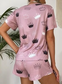 Conjunto de pijama con camiseta y pantalones cortos con estampado gráfico - Rosa vieja - Ver 2