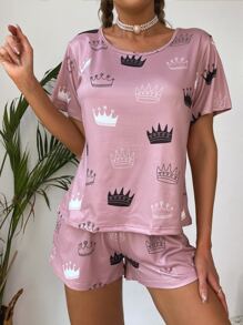 Conjunto de pijama con camiseta y pantalones cortos con estampado gráfico - Rosa vieja - Ver 4