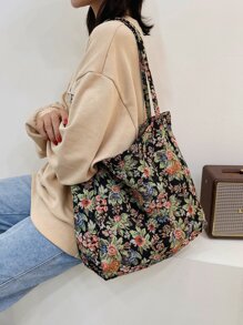 Vintage Large Floral Pattern Shopper Bag, Tote Bag Large, Best Fall Inspo Ideas - Multicolor - View 2