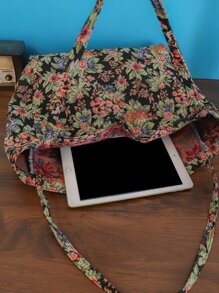Vintage Large Floral Pattern Shopper Bag, Tote Bag Large, Best Fall Inspo Ideas - Multicolor - View 4