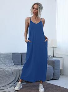 Slant Pocket Solid Cami Dress - Blue - View 1