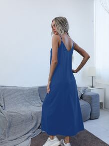 Slant Pocket Solid Cami Dress - Blue - View 2