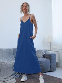 Slant Pocket Solid Cami Dress - Blue - View 3