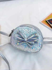 1只女孩弓帶裝飾亮片材料半圓形可愛斜肩袋,適用於全年日常使用 - 銀色 - 查看 3