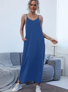 Slant Pocket Solid Cami Dress - Blue - View 4