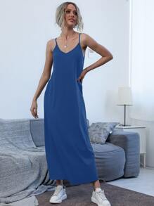 Slant Pocket Solid Cami Dress - Blue - View 5