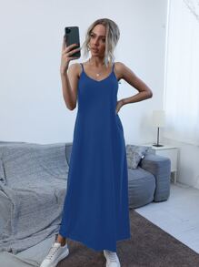 Slant Pocket Solid Cami Dress - Blue - View 7