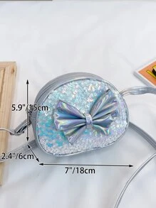 1只女孩弓帶裝飾亮片材料半圓形可愛斜肩袋,適用於全年日常使用 - 銀色 - 查看 2