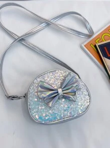 1只女孩弓帶裝飾亮片材料半圓形可愛斜肩袋,適用於全年日常使用 - 銀色 - 查看 4