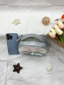 1只女孩弓帶裝飾亮片材料半圓形可愛斜肩袋,適用於全年日常使用 - 銀色 - 查看 5