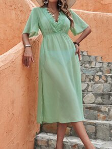 Guipure Lace Panel Split Thigh Cover Up Dress, For Summer Beach Vacation - Mint Green - View 5