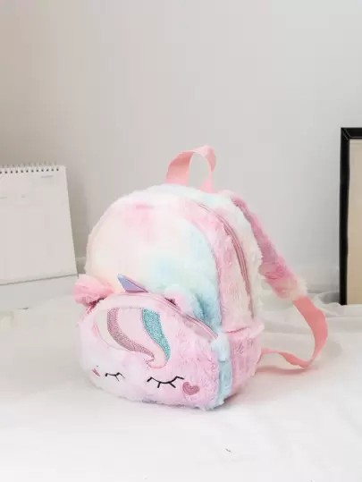 Girls Random Color Block Cartoon Embroidered Fluffy Classic Backpack