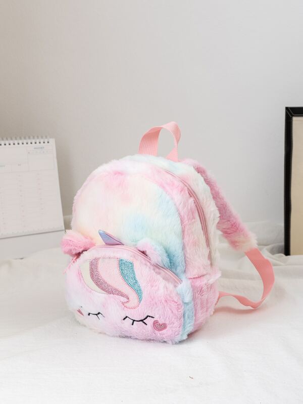 Girls Random Color Block Cartoon Embroidered Fluffy Classic Backpack