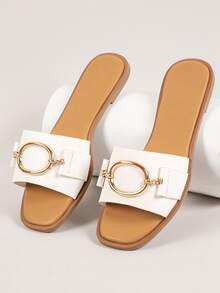 Sandalias planas de punta cuadrada de metal - Blanco - Ver 2