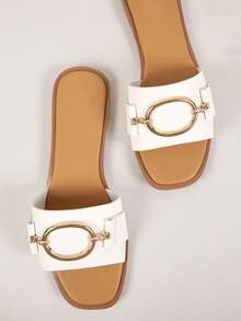 Sandalias planas de punta cuadrada de metal - Blanco - Ver 4