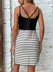 SHEIN LUNE Striped Cut Out Cami Dress - Black and White - View 2