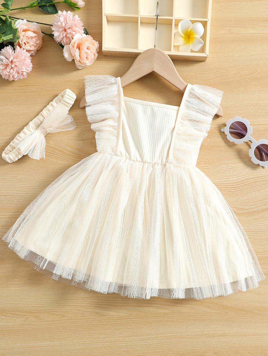 Vestido de cuello cuadrado ribete fruncido con encaje en contraste con diadema - Beis - Ver 1