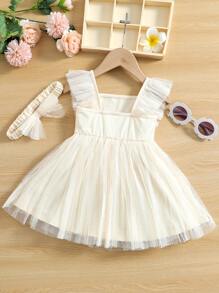 Vestido de cuello cuadrado ribete fruncido con encaje en contraste con diadema - Beis - Ver 2