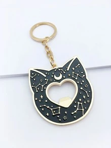Llavero con dije de gato con estampado de luna, Día de San Valentín - Dorado - Ver 1
