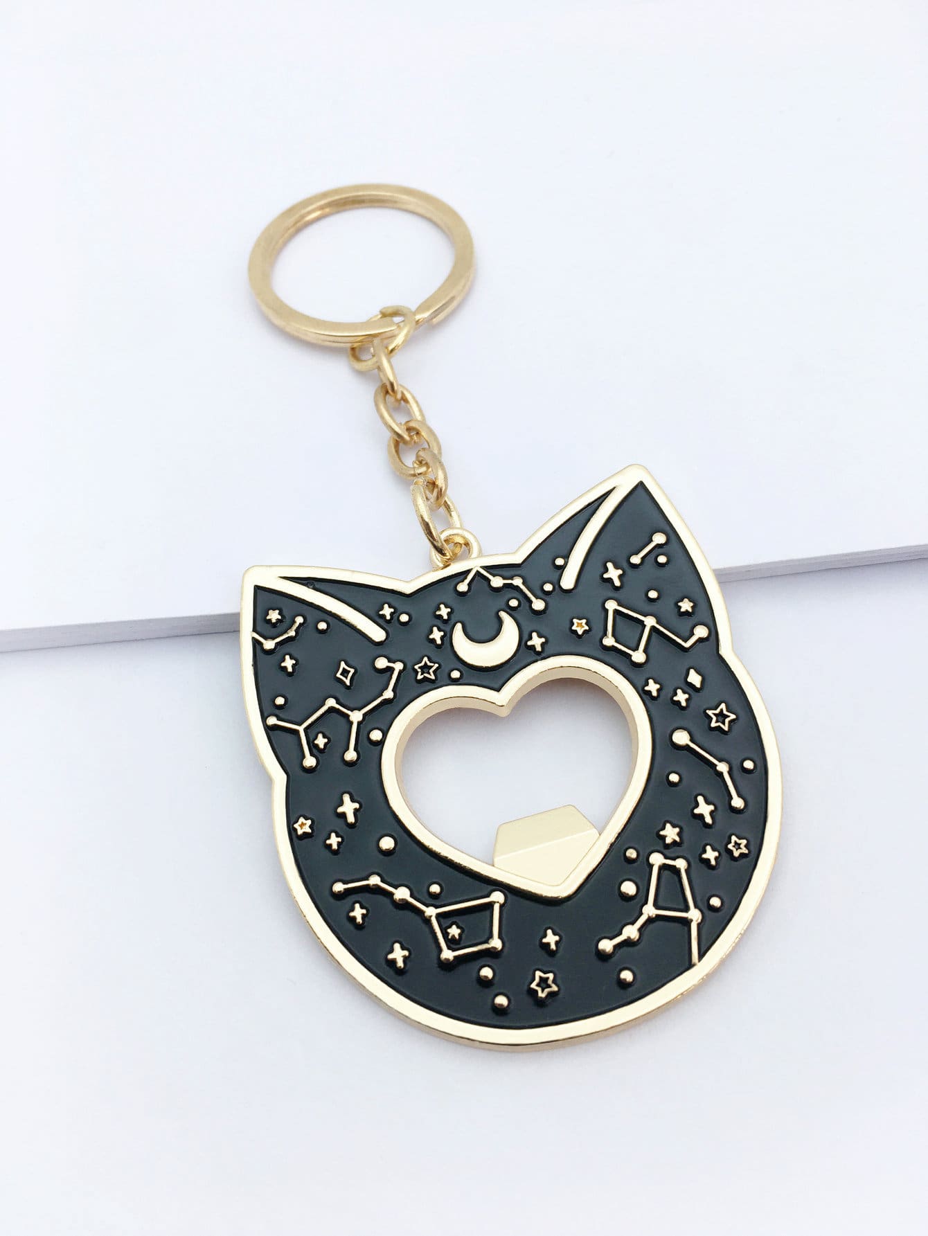 Llavero con dije de gato con estampado de luna, Día de San Valentín - Dorado - Ver 1