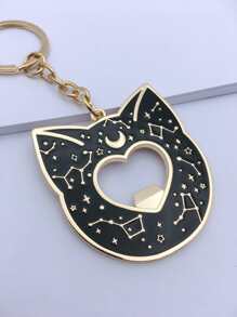Llavero con dije de gato con estampado de luna, Día de San Valentín - Dorado - Ver 2