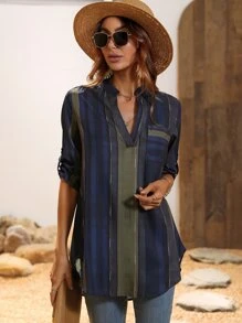 SHEIN LUNE Block Striped Roll Tab Sleeve Patched Pocket Notched Neck Blouse - Multicolor - View 1