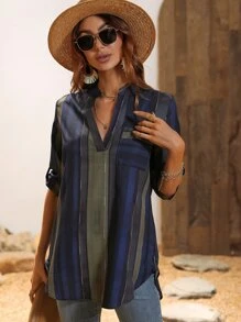 SHEIN LUNE Block Striped Roll Tab Sleeve Patched Pocket Notched Neck Blouse - Multicolor - View 3