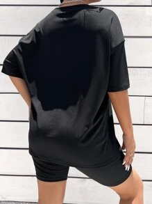 SHEIN LUNE 字母圖案落肩T恤和騎行褲 - 黑色 - 查看 2