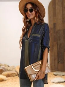 SHEIN LUNE Block Striped Roll Tab Sleeve Patched Pocket Notched Neck Blouse - Multicolor - View 5
