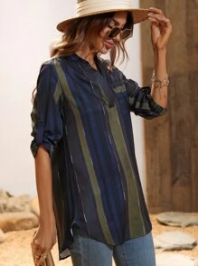 SHEIN LUNE Block Striped Roll Tab Sleeve Patched Pocket Notched Neck Blouse - Multicolor - View 6