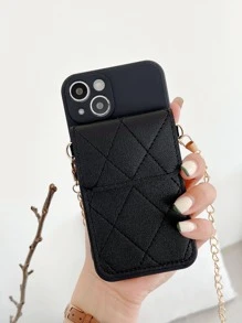 Quilted Wallet Phone Case With Chain Lanyard - Black - View 1