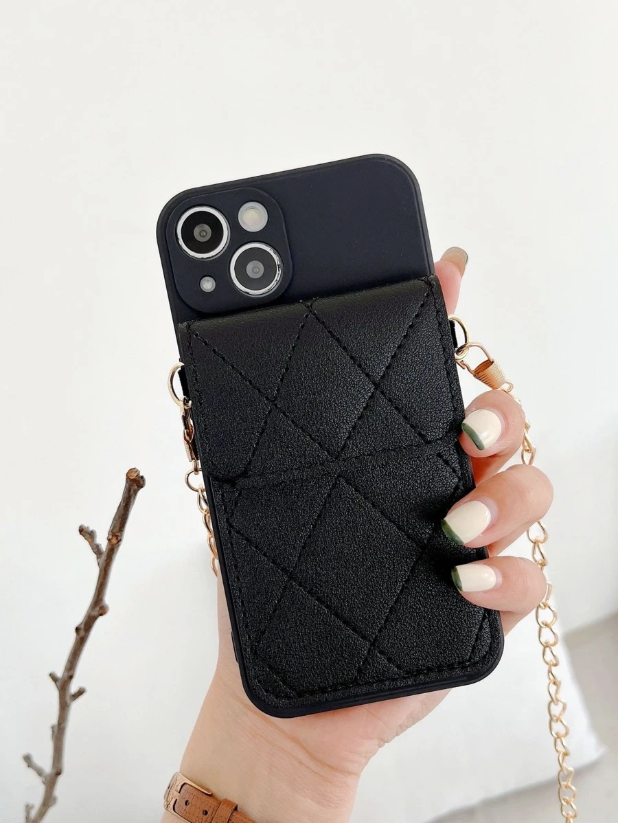Quilted Wallet Phone Case With Chain Lanyard - Black - View 1