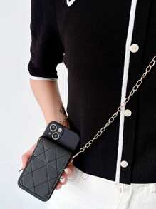 Quilted Wallet Phone Case With Chain Lanyard - Black - View 2