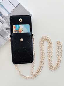 Quilted Wallet Phone Case With Chain Lanyard - Black - View 3