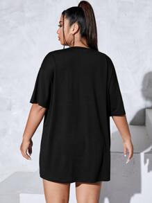 SHEIN EZwear Plus Figure Graphic Drop Shoulder Tee - Black - View 2