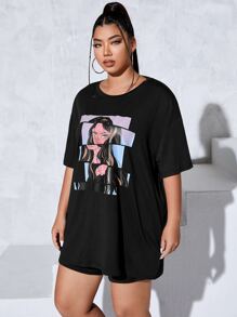 SHEIN EZwear Plus Figure Graphic Drop Shoulder Tee - Black - View 3