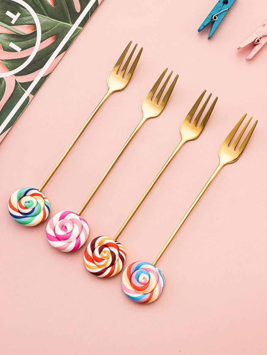 4pcs Lollipop Design Stainless Steel Spoon & Fork,Kitchen,Christmas Gift,School Supplies