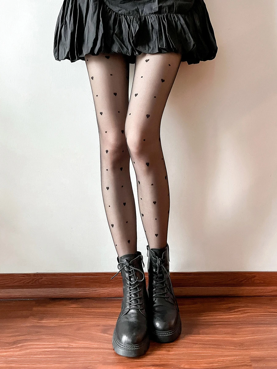 Heart Pattern Tights - Black - View 1